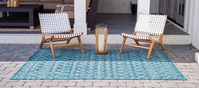 Unique Loom Outdoor Trellis Collection Area Rug - Tribal Trellis (7' 1" x 10' Rectangle, Teal/ Ivory)