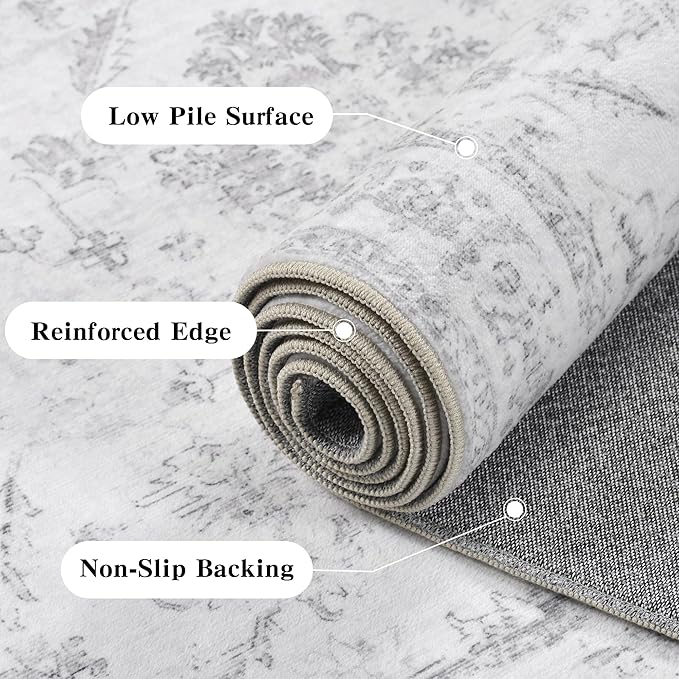 8x10 Vintage Washable Area Rugs Boho Medallion Large Distressed Retro Accent Carpet Floral Non-Slip Soft Low Pile Indoor Throw Rug for Living Room Bedroom Dining Room Office Kitchen, Gray