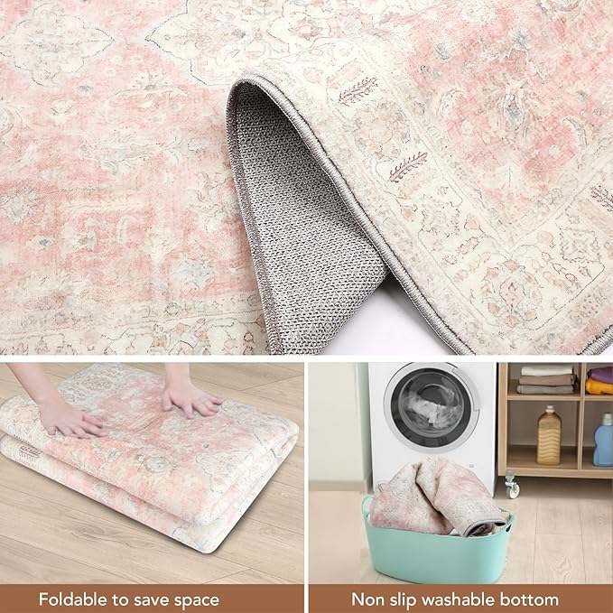 Washable Hallways Runner Rugs 2x10 Non-Slip Hallway Runners for Entrance Bedroom Low Pile Vintage Runners Pink
