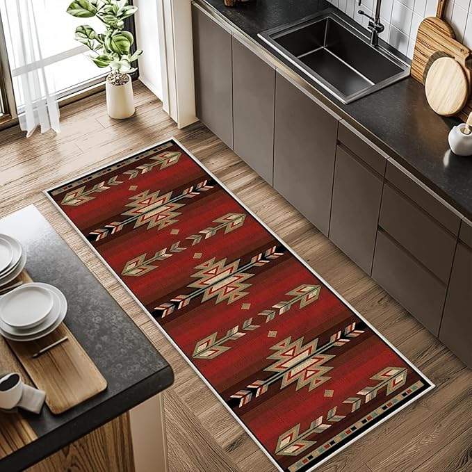 Red Arrow Runner Rug, 3x8ft Retro Geometric Hallway Runner Rug - Corridor & Busy Home Foyer Rugs, Washable Flannel Non-Slip Mat, Southwestern Tribe Decor Carpet for High-Traffic Areas