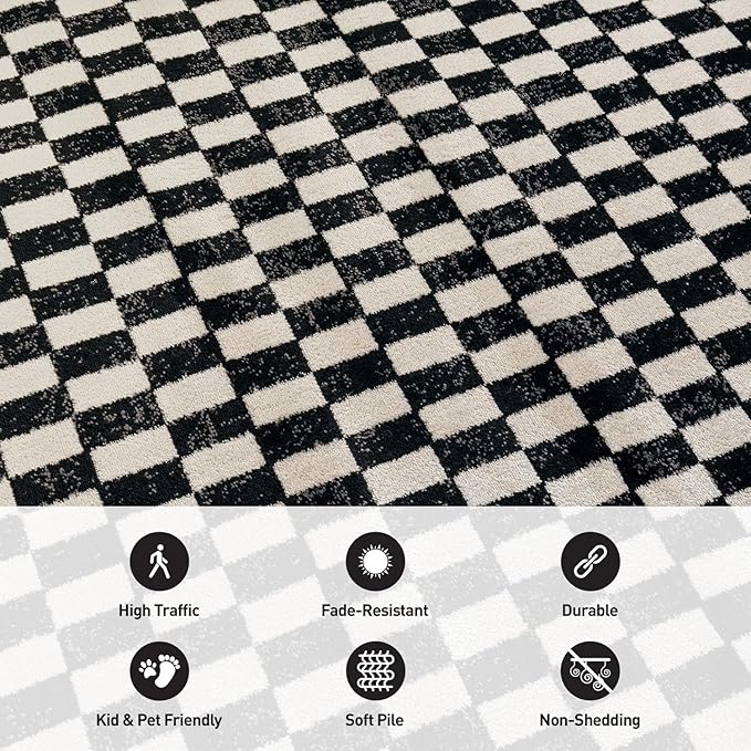 Rugshop Black and White Checkered Area Rug – High-Contrast Grid Pattern Carpet for Living Room, Bedroom, or Dorm – Trendy Contemporary Soft Floor Décor 2' 3" x 12' Runner Black
