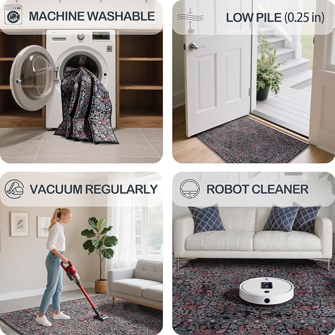 9x12 Washable Area Rugs for Living Room, Stain Resistant Vintage Rugs for Dining Room Under Kitchen Table, Bedroom, Floral Low Pile Non-Slip Large Carpet (9 x 12 Dark Green)