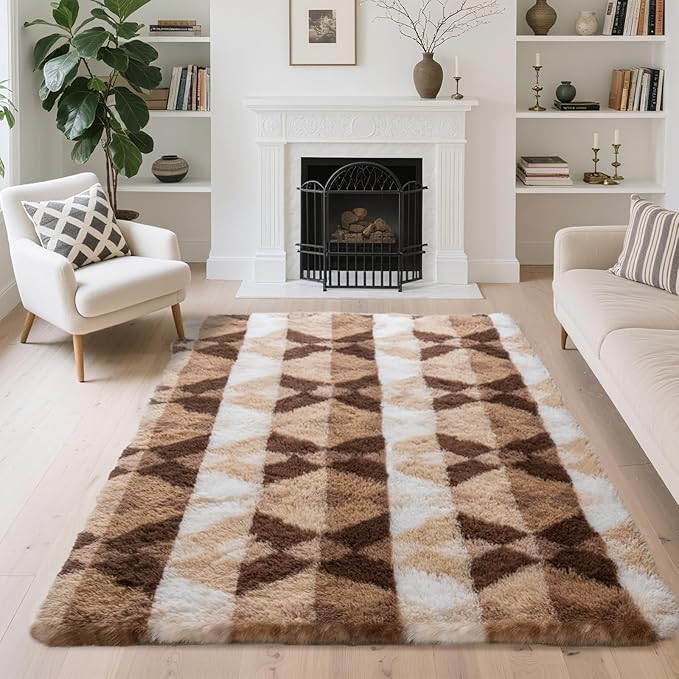 4x6 Area Rugs for Living Room Bedroom, Soft Fluffy Shaggy Bedside Rug, Indoor Floor Carpet for Kids Playroom, Dorms, Nursery Rooms, Home Decor (Coffee Ombre 4'x6')