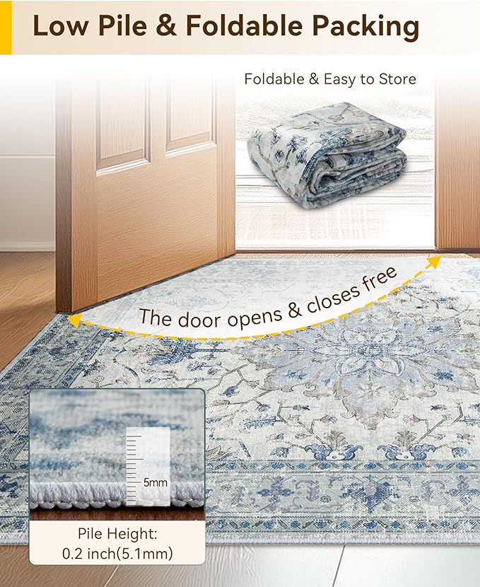 Area Rugs 4ft Washable Non-Slip, Floral Vintage Distress Print Pattern Medallion Carpet for Living Room Bedroom Dining Room, Light Blue Navy Beige Gray White