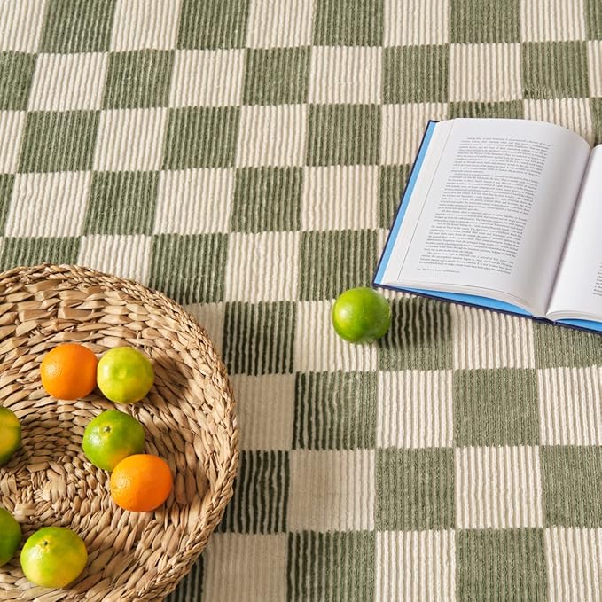 Revival Rugs Gambit 7'10"x10' Checkered Rug Washable Area Rug for Living Room Bedroom - 100% Recycled Oeko-TEX Certified, Medium Pile, Green, Beige
