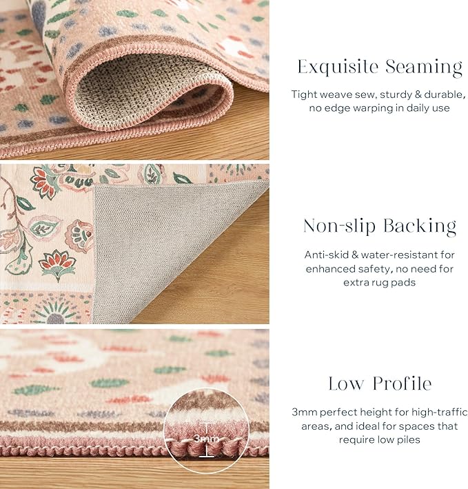 Phantoscope Washable Runner Rug 2'x6' Non-Slip, Vintage Boho Hallway Rugs for Entryway, Stair, Bedroom, Persian Floral Medallion Pattern, Low-Pile Foldable Floor Carpet, Ivory Rose/Fall Bloom