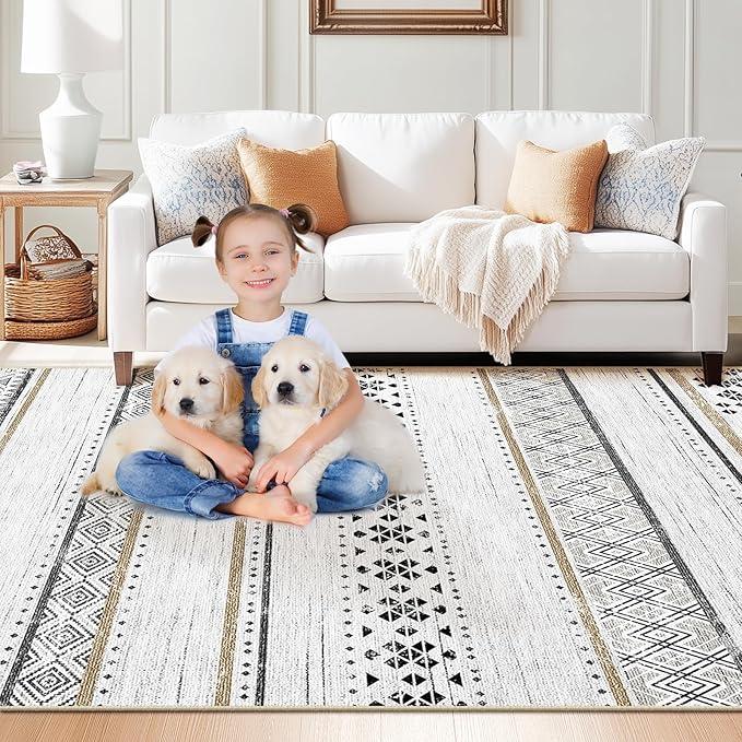 BESTSWEETIE 6x9 Area Rugs for Living Room Washable Moroccan Farmhouse Neutral Geometric Low Pile Non-Slip Soft Print Pattern Rug for Bedroom Kitchen Dining Room Entryway Black/Brown