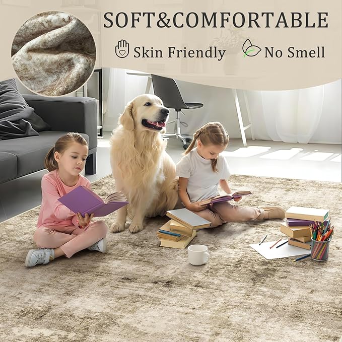 8x10 Machine Washable Area Rug for Living Room, Brown Modern Vintage Abstract Rug Large Non-Slip Low Pile Soft Faux Wool Carpet, Kids and Pets Friendly for Bedroom Dining Room Farmhouse Home Decor Rug