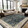 Distressed Farmhouse Area Rugs 6x9 for Living Room, Low Pile Thin Rugs for Bedroom Manchine Washable Non Slip, Dark Medallion Pinted Carpet for Dining Room Guest Room Home Office, Midnight