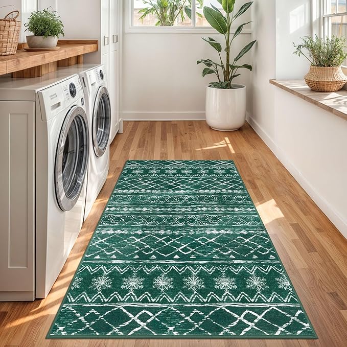 KUTA 3x5 Christmas Enreyway Rug, Moroccan Boho Washable Area Rugs for Living Room Non Slip, Green Ultra Soft Print Distressed Geometric Low-Pile Entry Throw Carpet for Bedroom Nursery Dorm