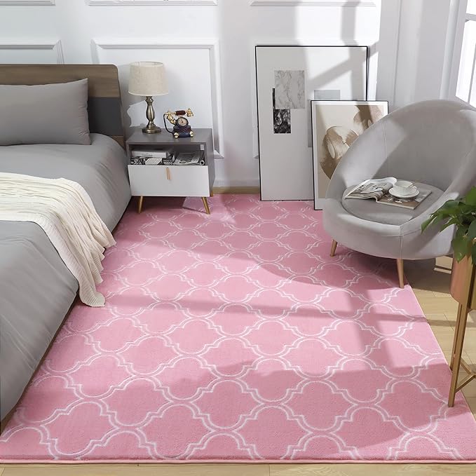 Amearea Fluffy Indoor Area Rug, Soft Trellis Moroccan Rugs for Bedroom, Shag Modern Area Rug for Living Room Kids Room Nursery, Easy Clean, Home Decor Low Pile Carpet, Pink 6x9 Feet