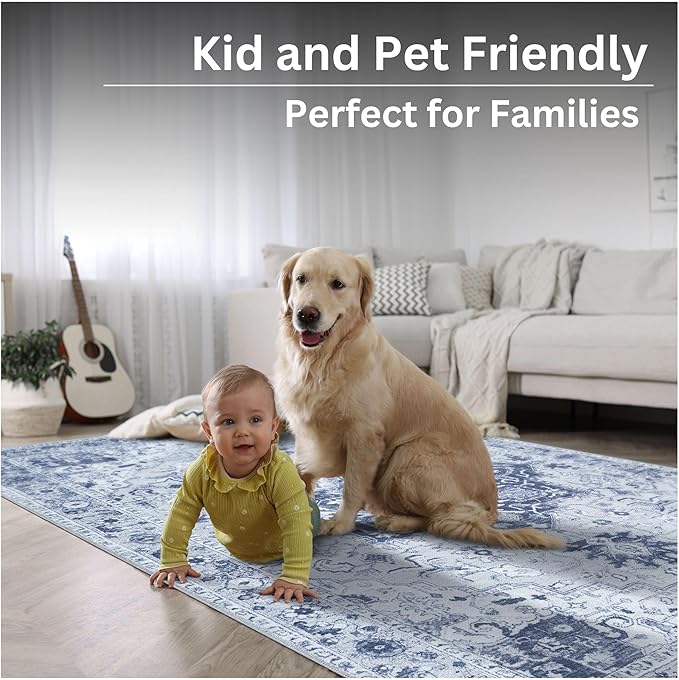 Bloom Rugs Washable Non-Slip 3' x 5' Rug - Gray/Blue Traditional Medallion Area Rug for Living Room, Bedroom, Dining Room, and Kitchen - Exact Size: 3' x 5'