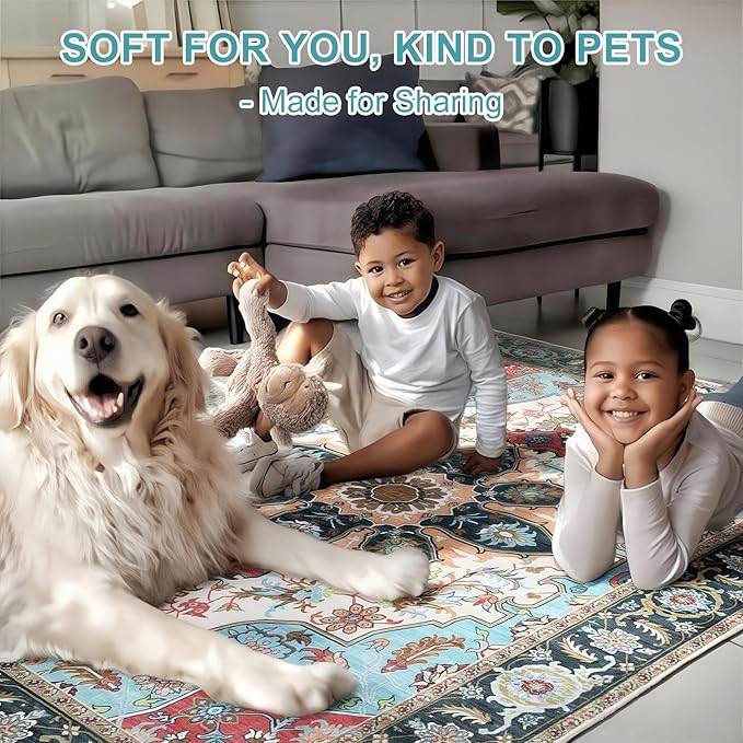 WILLSUN Washable Area Rugs, 8x10 Non-Slip Boho Large Area Rugs for Living Room, Bedroom, Machine Washable Vintage Rug, Indoor Floral Print Carpet for Home Decor, Kid & Pet Friendly Mat
