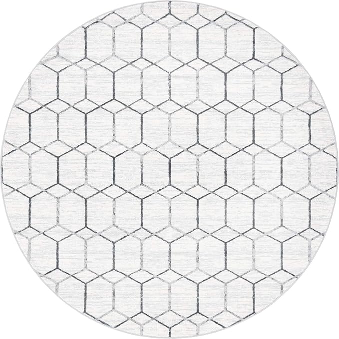 Rugs.com Lattice Trellis Collection Rug – 8 Ft Round White Low-Pile Rug Perfect for Kitchens, Dining Rooms