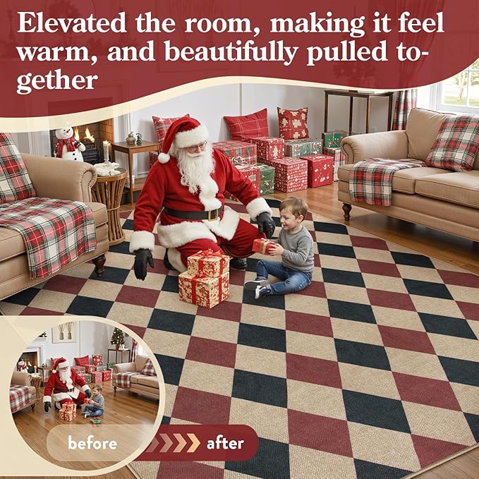 Lahome Checkered 5x7 Rug, Indoor Outdoor Rug Non Shedding Black and Red Washable Carpet, Checkerboard Non Slip Stain Resistant Indoor Carpet for Patio Office Living Dining Room