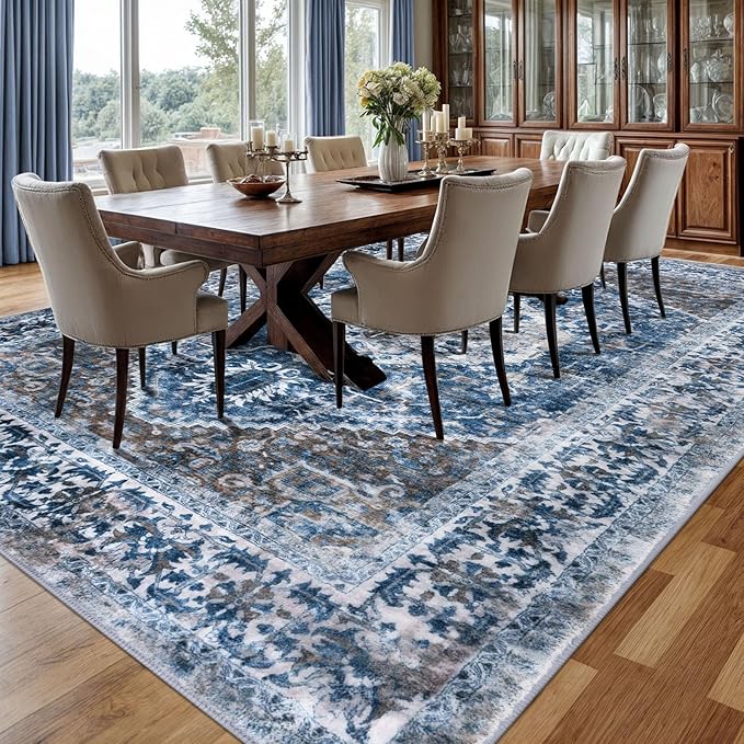 KOZYFLY Boho Area Rug 9x12 Ft Thin Rugs for Living Room Washable Bedroom Rug Non Slip Rugs for Living Room Blue Printed Faux Wool Vintage Bedroom Rug Floor Carpet for Dining Room