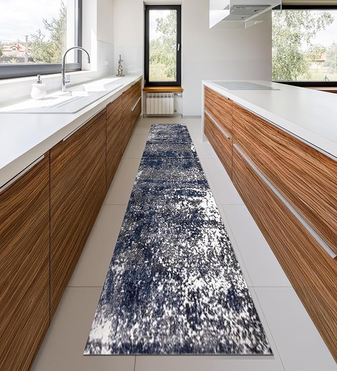 Keen Home Design Area Rugs - 2x20 Non-Shedding, Abstract Rugs for Kitchen, Living Room, Bedroom, Dining Room, Entryway - Size: 2'8" x 20', Navy/Grey/White