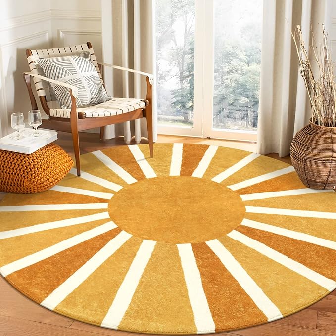 Lahome Round Rug 7Ft Round Area Rug for Living Room, Washable Throw Soft Boho Round Rug Large Non-Slip Untra-Thin Round Dining Room Rug, Cute Rainbow Sun Print Floor Round Carpet for Bedroom Nursery