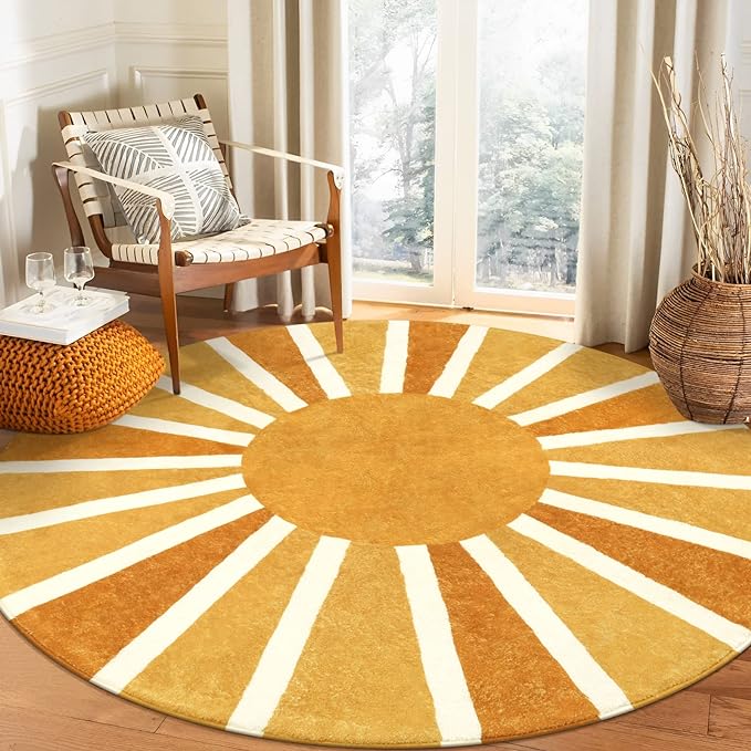 Lahome Boho Round Rugs 6Ft - Washable Round Area Rugs for Living Room Non-Slip Throw Dining Room Rug Soft Large Round Rug, Cute Rainbow Sun Print Circle Rug for Office Classroom Bedroom Nursery