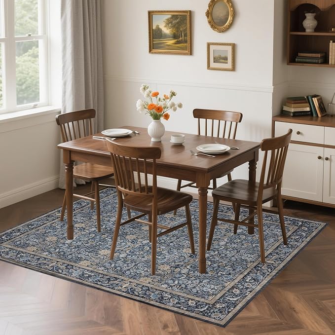 Washable Living Room Rug: 5x7 Boho Floral Soft Area Rug for Bedroom Decor - Vintage Low Pile Thin Carpet for Dining Room Non-Slip - Farmhouse Stain Resistant Rugs - Slate Blue