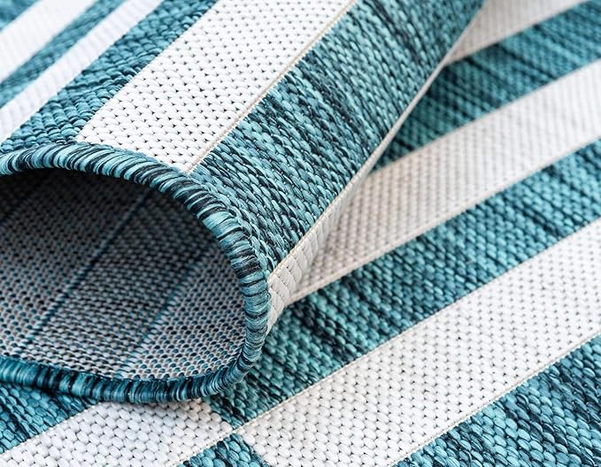 Unique Loom Outdoor Collection Classic Stripes, Transitional Indoor & Outdoor Area Rug, Rectangular 8' 0 x 11' 0 Teal/ Ivory