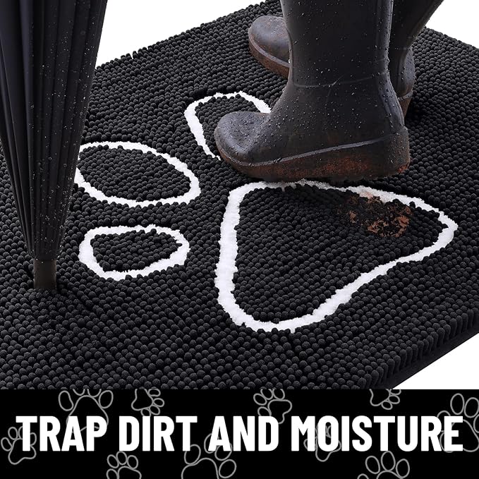 Smiry Dog Door Mat for Muddy Paws, Absorbent Dirt Trapper Non Slip Quick Dry Washable Chenille Mat for Mud Dogs, Entry Rug for Indoor and Outdoor (47x32 Inches, Black and White)