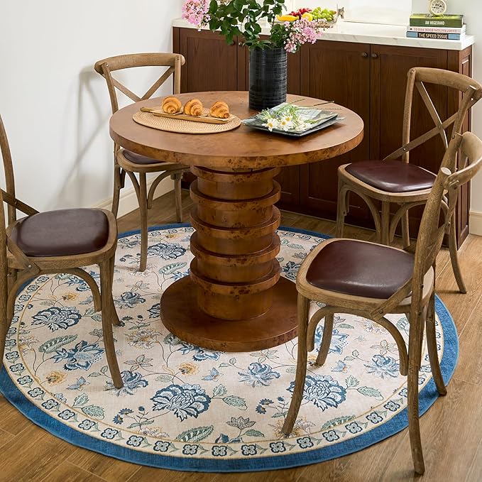 jinchan Elora 6ft Floral Round Rug for Dining Room Washable Living Room Rug Vintage Romance Design Non Slip Indoor Floor Cover Lightweight Low-Profile Throw Carpet for Bedroom Porch Patio, Blue/Beige