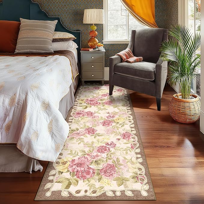 2'6''x8' Machine Washable Runner Rug, Kitchen Hallway Area Rug Pink Vintage Boho Floral Ultra Non-Slip Low Pile Soft Faux Wool Carpet, Kids and Pets Friendly for Bedroom Entryway Nursery Decor Rug