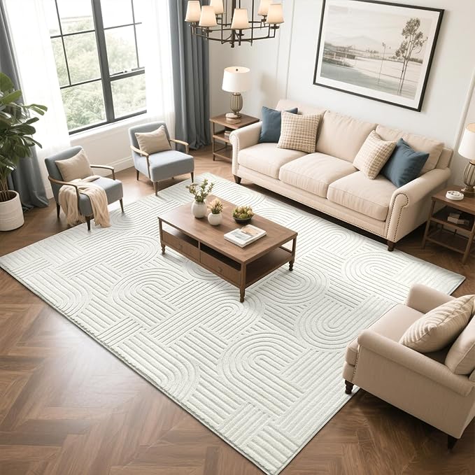 SHACOS Soft Cozy Fluffy Arch Pattern High Low Pile Area Rugs 3'x5' Non Slip Washable Scandinavian Minimalist Rug Modern Geometric Arc Carpet for Living Room Bedroom Dining Room, Cream White