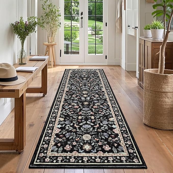 GarveeHome Washable Runner Rug 2.5 x 8 Non-Slip Non-Shedding Soft Vintage Bedside Low Pile Farmhouse Floral Carpet, Indoor Foldable Printed Entryway Rug for Hallway Kitchen, Black