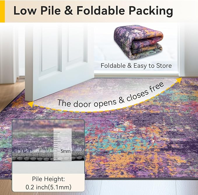 Washable Area Rugs 4'x6' Non-Slip Modern Abstract Soft for Living Room Entryway Bedroom Nursery, Print Pattern, Purple Orange Blue Green Rust Red Colorful