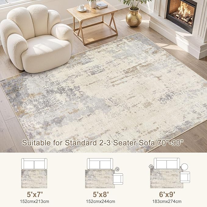 5x7 Area Rug Living Room Rugs - Washable Neutral Modern Abstract Soft Thin Rug Indoor Floor No Slip Rug Carpet for Bedroom Under Dining Table Home Office Decor - Light Brown/Gray