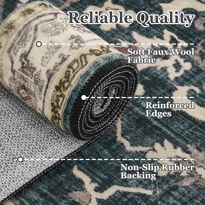Distressed Farmhouse Area Rugs 6x9 for Living Room, Low Pile Thin Rugs for Bedroom Manchine Washable Non Slip, Dark Medallion Pinted Carpet for Dining Room Guest Room Home Office, Midnight