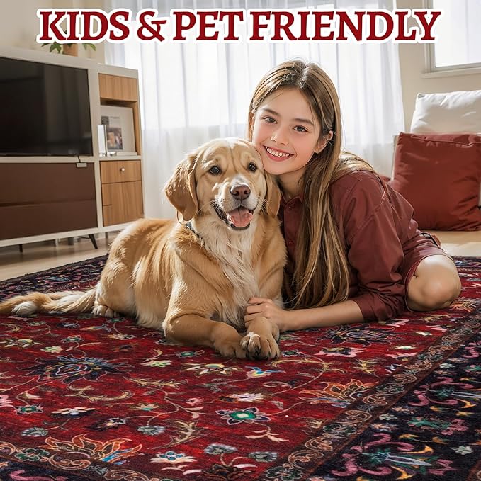 Tangsoo 5x7 Washable Rug, Floral Vintage Large Area Rugs for Living Room, Indoor Non Slip Print Floor Carpet, Soft Low Pile Machine Washable Rug for Bedroom Dining Room Dorm Home Decor Red
