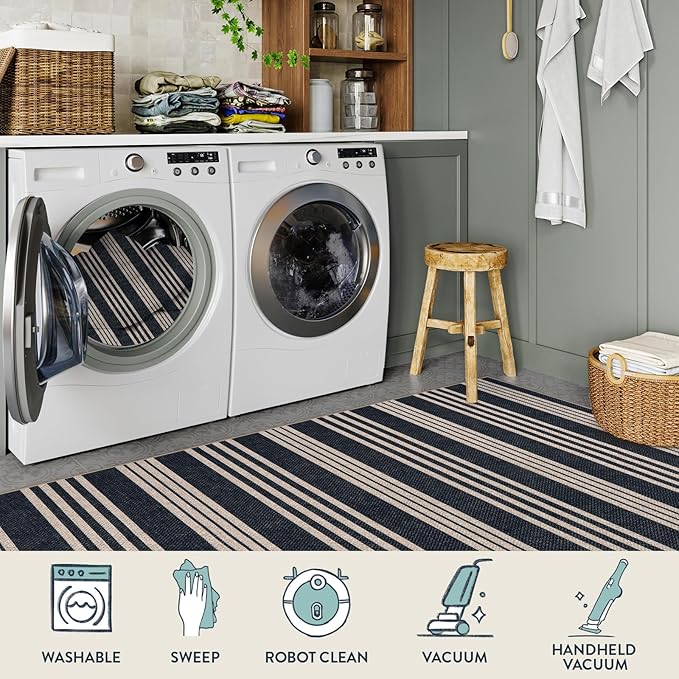 Lahome Striped Easy Jute Kitchen Runner, 2x8 Washable Indoor Outdoor Entryway Runner Rug, Farmhouse Non Slip Non Shedding Neutral Carpet for Hallway Porch Foyer
