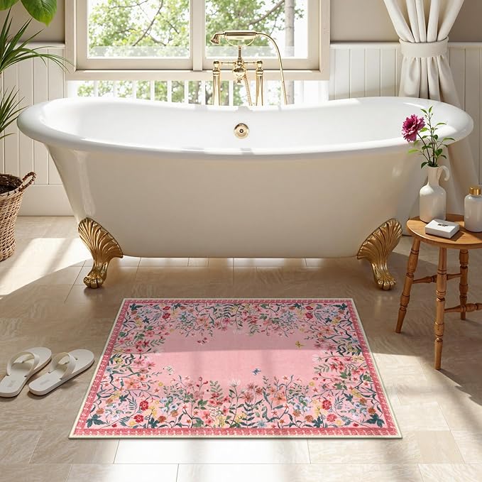 Wonnitar 2x3 Pink Bathroom Rugs Non Slip Washable, Floral Small Area Rugs for Entryway, Low Pile Soft Door Mat Indoor Entrance Throw Carpet for Kitchen Bedside Laundry Room (Pink,2'x3')