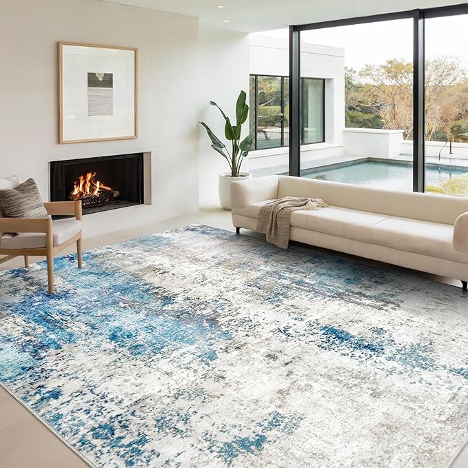 Washable Area Rugs for Living Room 8x10 - Large Neutral Modern Abstract Rug, Soft Low Pile Carpet with Non Slip Backing for Under Dining Room Table, Bedroom, Home, Office, Dorm - Blue Gray