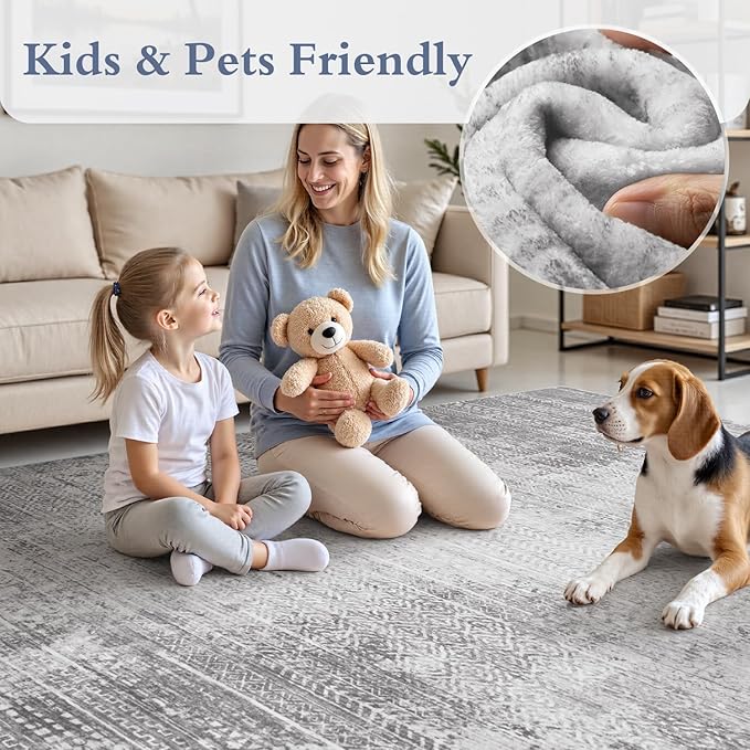 5x7 Area Rugs for Living Room Non Slip Machine Washable Rug Distressed Abstract Soft Indoor Carpet Neutral Boho Rug for Bedroom Dining Room Playroom Office, Grey