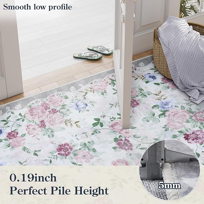Lahome Purple Floral 5x7 Area Rugs, Boho Rugs for Bedroom Girls,Vintage Living Room Rug Non Slip Low Pile Ultra-Thin Large Carpet for Farmhouse,Dining Room,Kids Playroom,Nursery(5'X7',Purple/Grey)