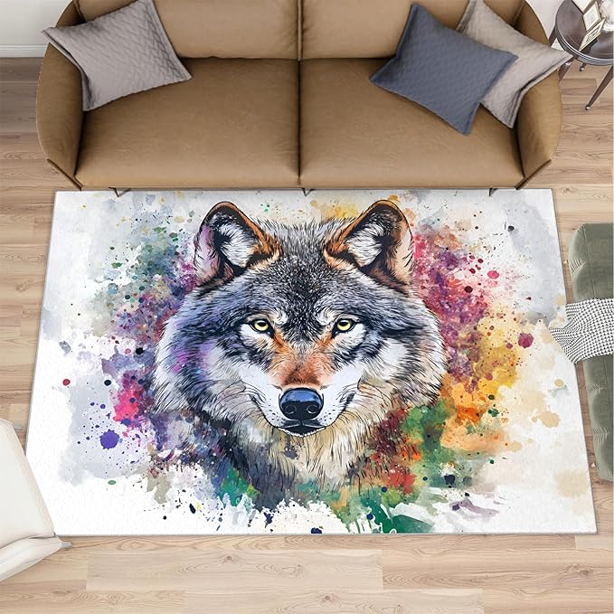 Wolf Rugs for Bedroom - 4x6 Area Rug - Graffiti Wolf Rugs for Living Room, Abstract 3D Animal Graffiti Rug, Washable Home Decor Carpet