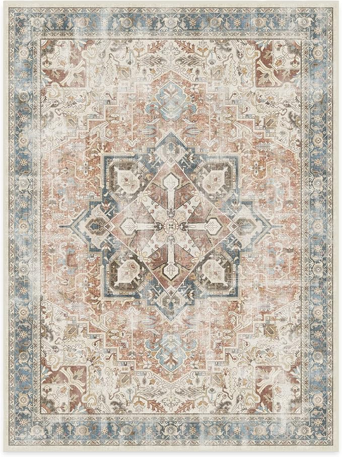 RUGGABLE Washable Vintage Area Rug – Kamran Coral 9x12, Stain-Resistant, Non-Slip – Large Machine Washable Rugs for Living Room, Bedroom, Hallway, Entryway & Office–with Standard Pad