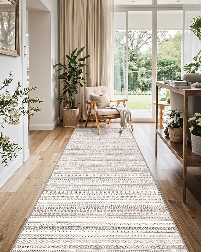 LUMI Washable Runner Rug, 3'x8' Non-Slip Hallway Mat, Low Profile Thin Long Carpeet for Laundry Kitchen Bedroom Office, White and Brown