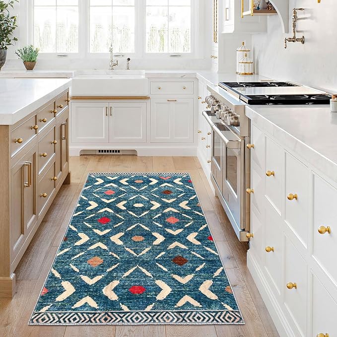 KILOCOCO Area Rug 3'x5' Rug for Entryway Washable Printed Bedroom Rugs Non Slip Boho Low-Pile Soft Rugs for Kitchen Dining Geometric Moroccan Carpet, Teal/Blue