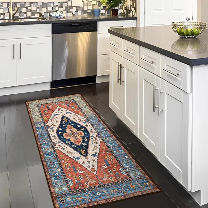 Lahome Boho Runner Rugs for Hallway - 2x4 Bathroom Area Rugs Non-Slip Small Throw Kitchen Rug Low-Pile Rugs for Entryway Laundry Room Rug Oriental Distressed Indoor Carpert Runner for Entrance BathRug