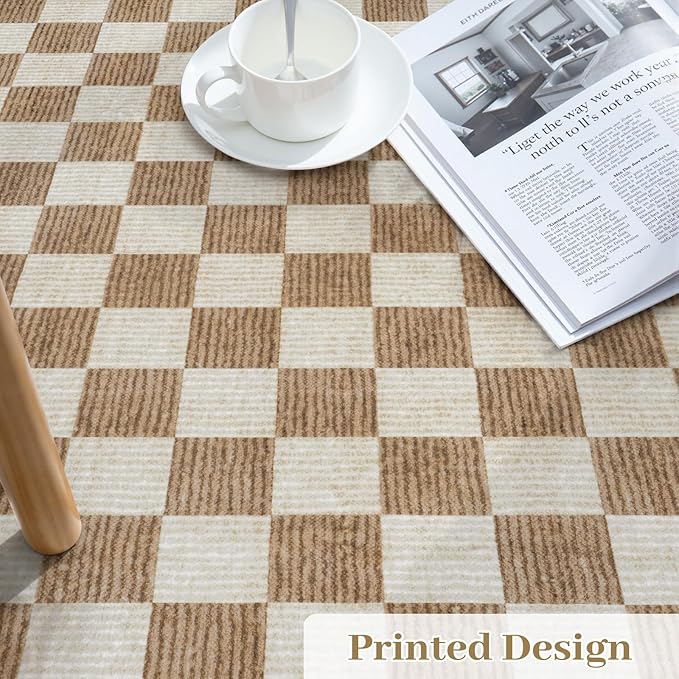 LIVEBOX 4x6 Washable Area Rug Checkered, Non-Slip Small Entryway Rug Brown Farmhouse Neutral Classic Geometric Boys Rug for Bedroom Living Room Low-Pile Carpet for Indoor Kitchen Bathroom(Brown 4'x6')