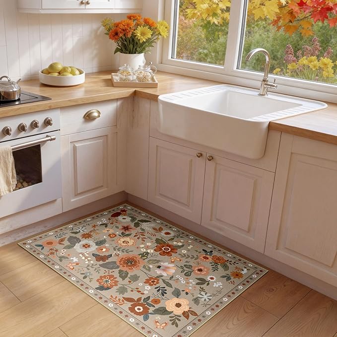 Floral 2x3 Area Rug Machine Washable Soft Print Boho Carpet Non Slip Doormat Low Pile Flower Area Rugs for Living Room Bedroom Nursery Kitchen Dining Room Indoor-Brown/Brick