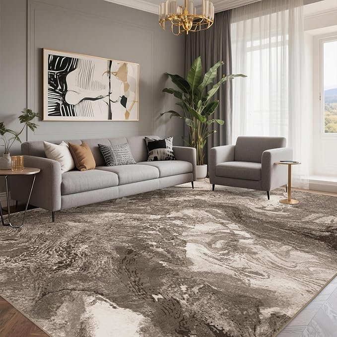 Abstract 9x12 Area Rugs: Modern Washable Rug for Living Room Bedroom Dining Room Indoor - Thin Low Pile Non-Slip Large Carpet - Beige Brown
