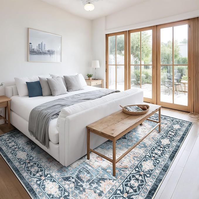 Washable 9×12 Area Rug for Living Room, Vintage Floral Rug Soft Non Slip Stain Resistant Boho Carpet for Indoor Bedroom Dinning Room Home Office Blue/Ivory