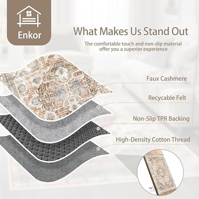 Enkor Runner Rugs for Hallway, 2.6x10.5 Washable Soft Non Slip Floor Rugs for Kitchen, Modern Mat for Living Room Bedroom Entryway Beige & Brown