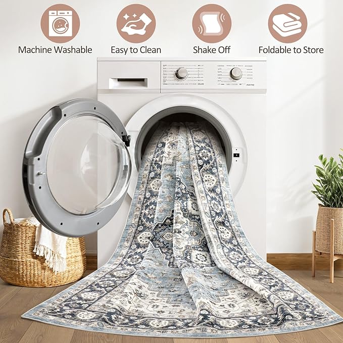 8x10 Area Rugs Living Room: Washable Boho Large Neutral Vintage Soft Rug Stain Resistant Farmhouse Non-Slip Indoor Floor Carpet for Bedroom Nursery Kids Office Dining Room Home House- Blue Tan